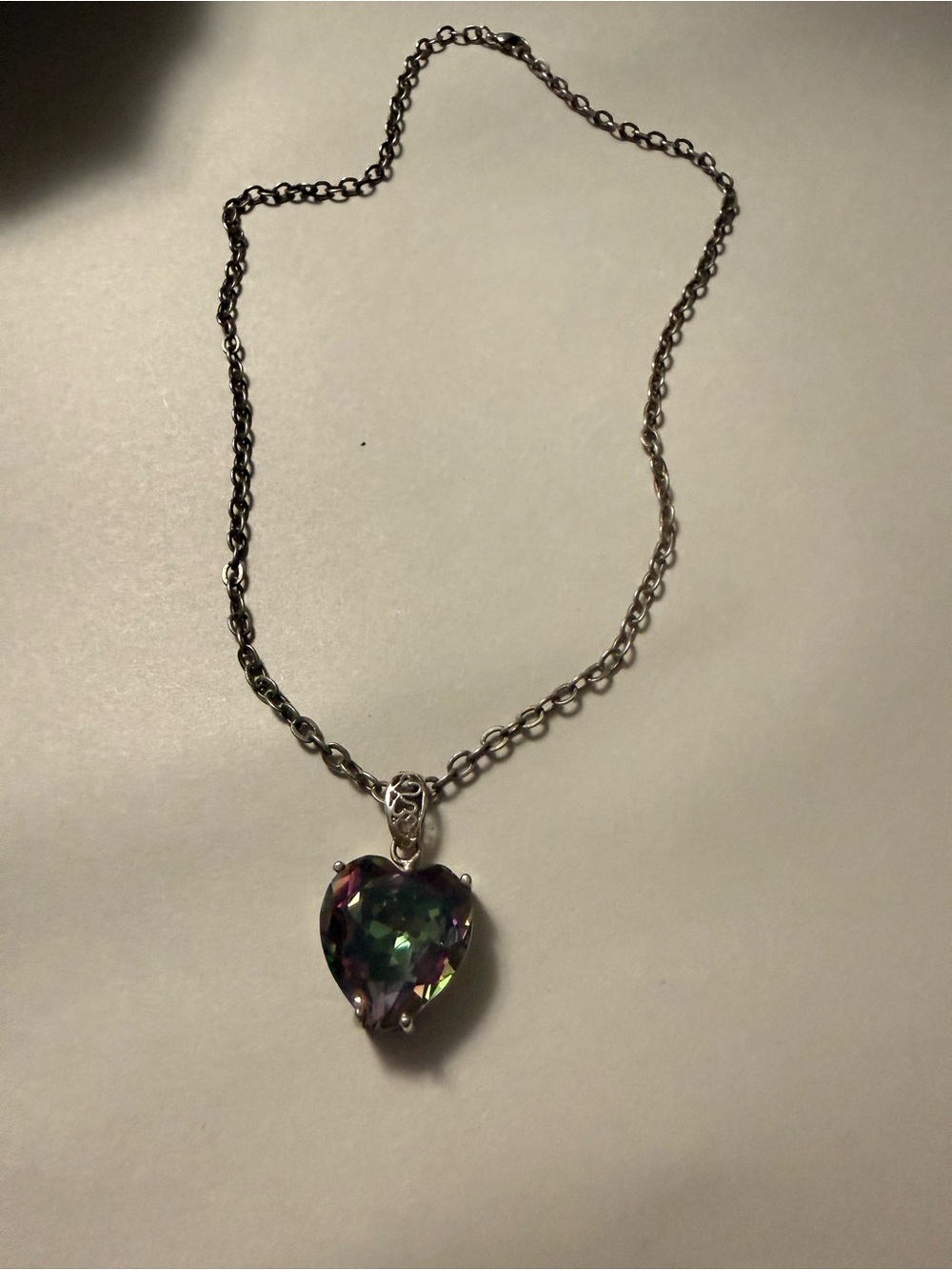 Rainbow Mystic Crystal Heart Pendant Necklace Silver Tone 16” Y2K